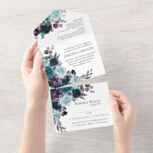 Invitation Tout En Un Moody Boho Arbre Turquoise et violet floral fonc