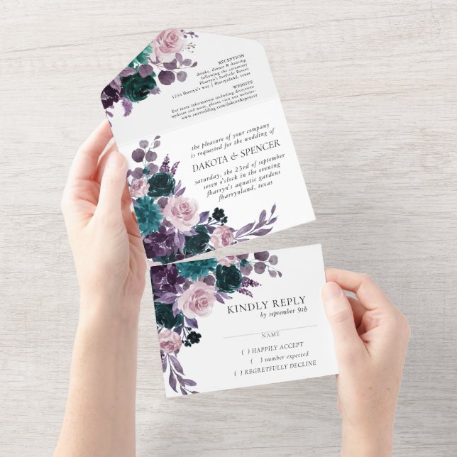 Invitation Tout En Un Moody Boho | Eggplant de fleurs pourpres et Turquo (Déchirure)