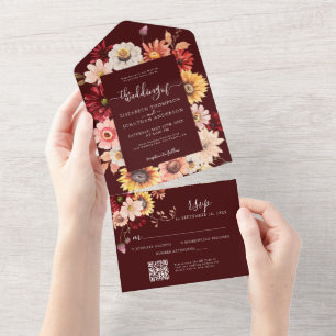 Invitation Tout En Un Moody Fall Burgundy Floral Dahlia Rustique OU Code