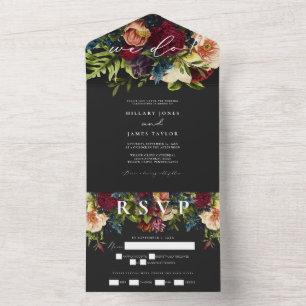 Invitation Tout En Un Moody Floral Bourgogne Mariage de calligraphie