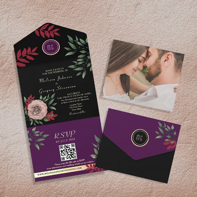 Invitation Tout En Un Moody foncé Floral Élégant Mariage noir (Créateur téléchargé)