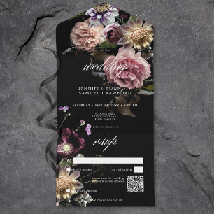 Invitation Tout En Un Moody foncé Pastel Opulent Floral noir QR Code