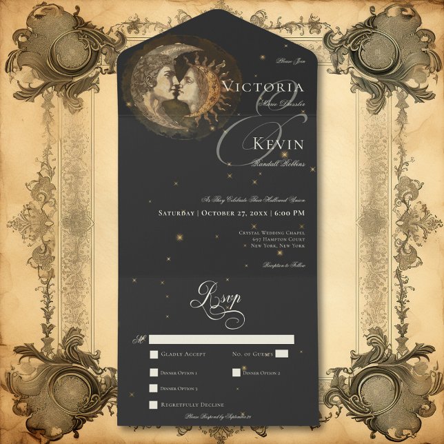 Invitation Tout En Un Moody foncé Victorian Kissing Moon & Dîner Soleil (Dark Moody Victorian Kissing Moon & Sun Dinner All In One Invitation)