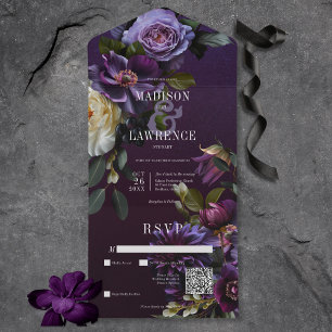 Invitation Tout En Un Moody foncé violet et blanc Floral QR Code