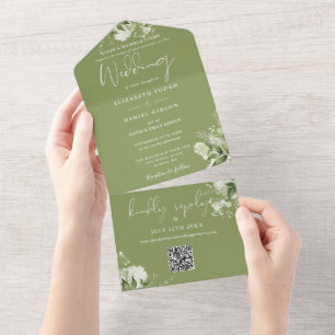 Invitation Tout En Un Moss Green Floral Greenery QR Code Mariage