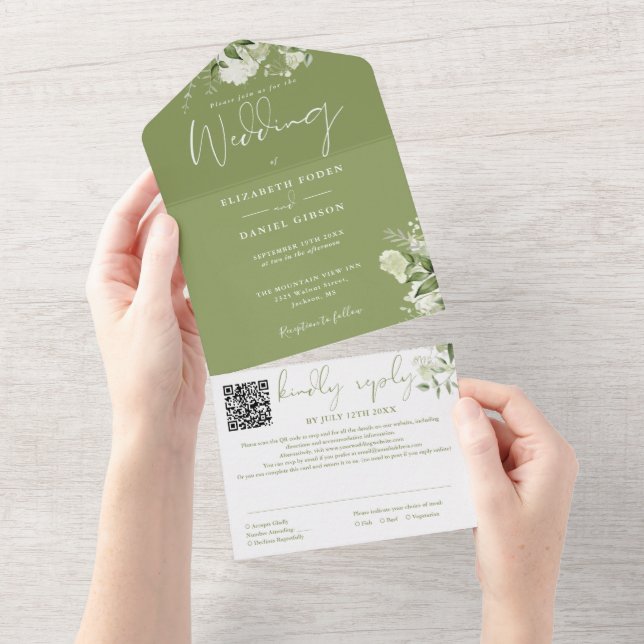 Invitation Tout En Un Moss Green Floral Monogramme QR Code Mariage (Déchirure)