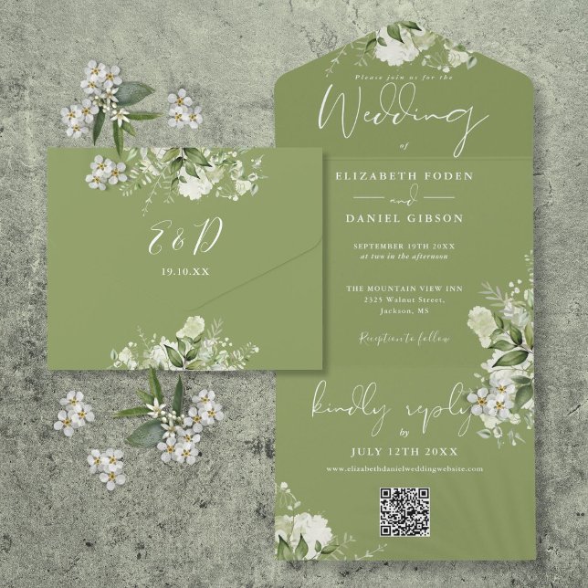 Invitation Tout En Un Moss Green Floral QR Code Monogramme Mariage (Moss Green Floral QR Code Monogram Wedding All In One Invitation)