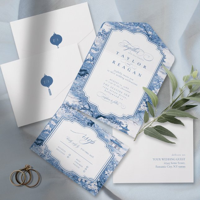 Invitation Tout En Un Motif Chinoiserie d'inspiration porcelaine ID1094  (Créateur téléchargé)