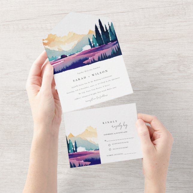 Invitation Tout En Un Mountain Country Lilac Fields Mariage paysager (Déchirure)