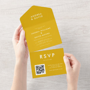Invitation Tout En Un Mustard moderne Jaune minimum QR Code RSVP Mariage