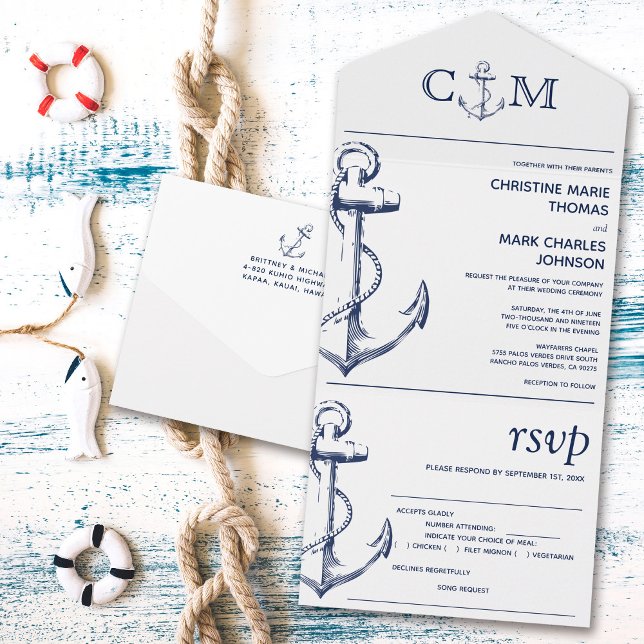 Invitation Tout En Un Nautical Ancre Mariage Chanson Demande Repas Blanc (Créateur téléchargé)
