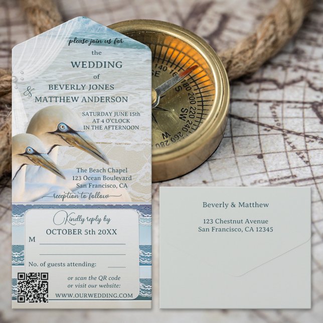Invitation Tout En Un Nautical Lace Gannets Beach Wedding (Créateur téléchargé)