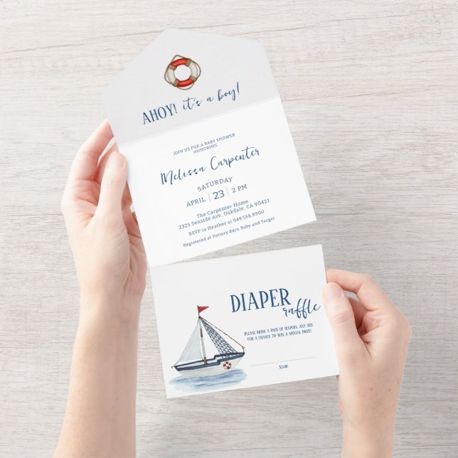 Invitation Tout En Un Nautical Sailboat Ahoy c'est un Baby shower garçon (Déchirure)