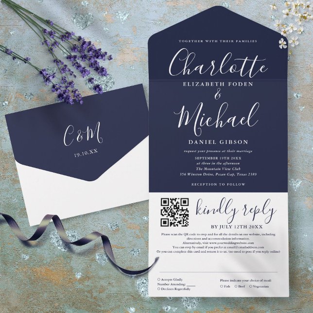 Invitation Tout En Un Navy Blue Elegant Script moderne QR Code Mariage (Navy Blue Elegant Modern Script QR Code Wedding All In One Invitation)