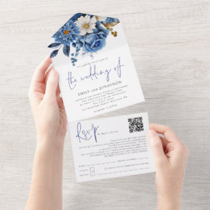 Invitation Tout En Un Navy Blue Florals QR Code Script Mariage