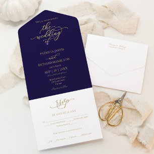 Invitation Tout En Un Navy Blue Or Calligraphie Or Tout En Un Mariage