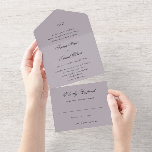Invitation Tout En Un Nettoyer Dusty Lilac Classic Mariage (Déchirure)