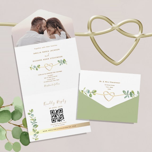 Invitation Tout En Un Neutral Greenery Photo Wedding (Créateur téléchargé)