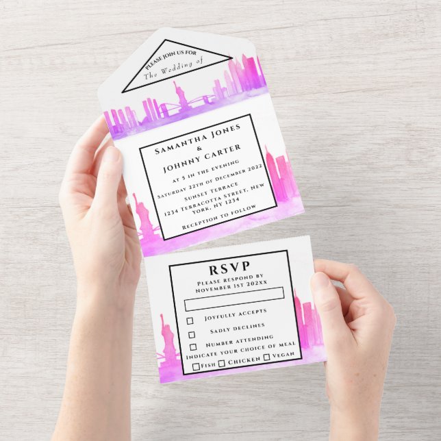 Invitation Tout En Un New York RSVP aquarelle rose Mariage moderne (Déchirure)