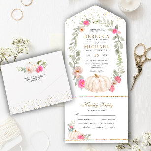 Invitation Tout En Un Noces de verdure rustique Roses roses Citrouille b