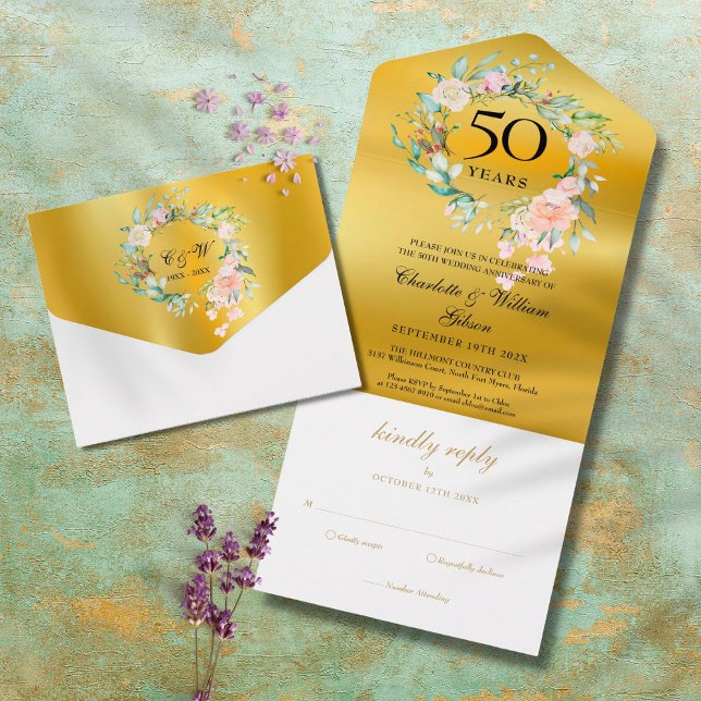 Invitation Tout En Un Noces d'or Monogramme Floral Or (Créateur téléchargé)