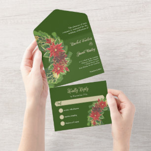 Invitation Tout En Un Noël Poinsettias Mariage Vert & Rouge