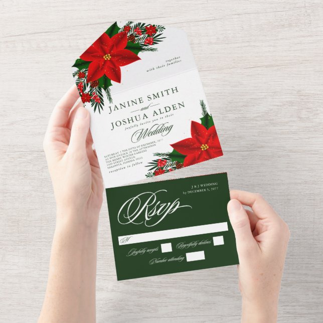 Invitation Tout En Un Noël Rouge Poinsettia Pine Mariage de verdure (Déchirure)