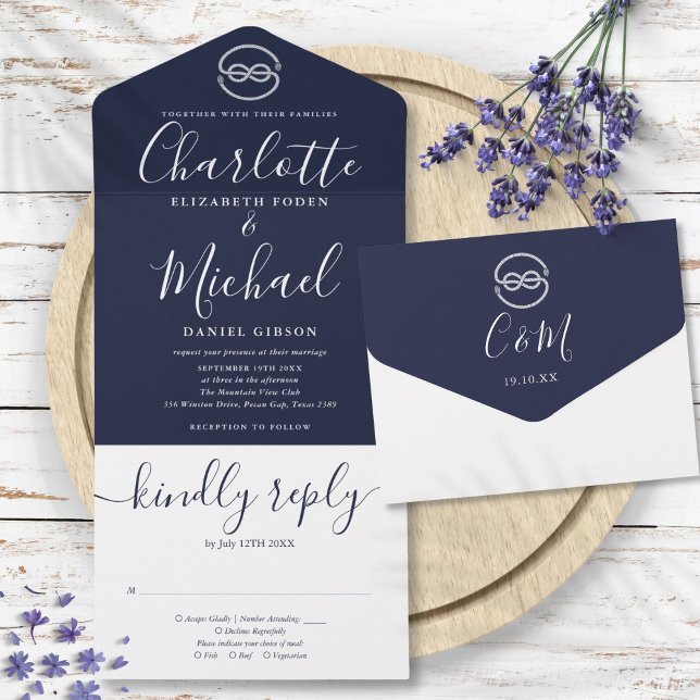 Invitation Tout En Un Noeud Marine Bleu Et Mariage De Script Blanc (Nautical Knot Navy Blue And White Script Wedding All In One Invitation)