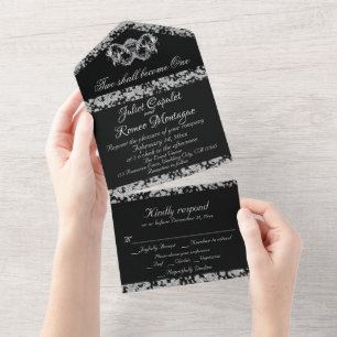 Invitation Tout En Un Noir & Blanc, Bordure Parties scintillant & Coeurs