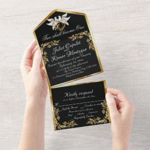 Invitation Tout En Un Noir & Blanc, Feuilles d'or, Doves & Coeur