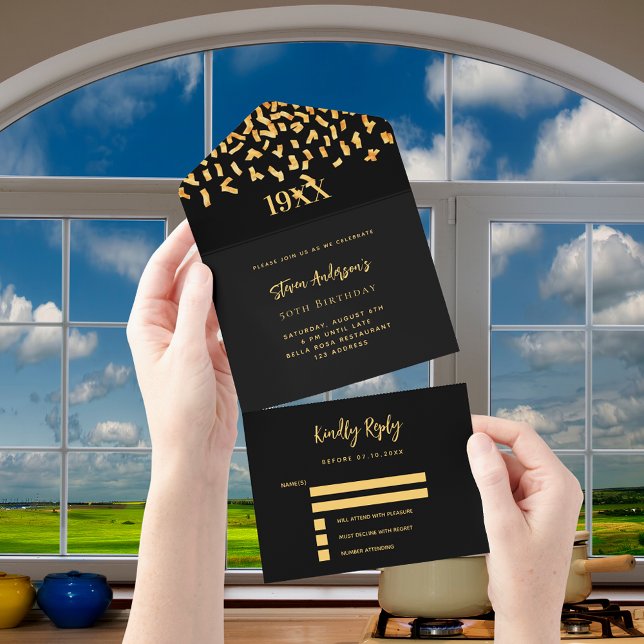 Invitation Tout En Un Noir confetti année d'anniversaire rsvp (Créateur téléchargé)