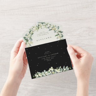 Invitation Tout En Un Noir/Crème Snowberry+Eucalyptus Mariage d'hiver