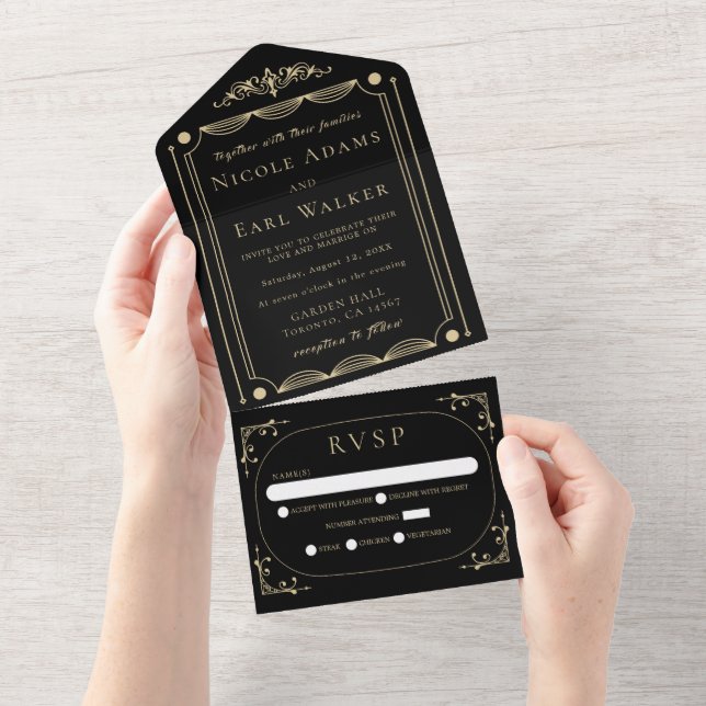 Invitation Tout En Un Noir Elegant Deco Gold Retro Mariage (Déchirure)