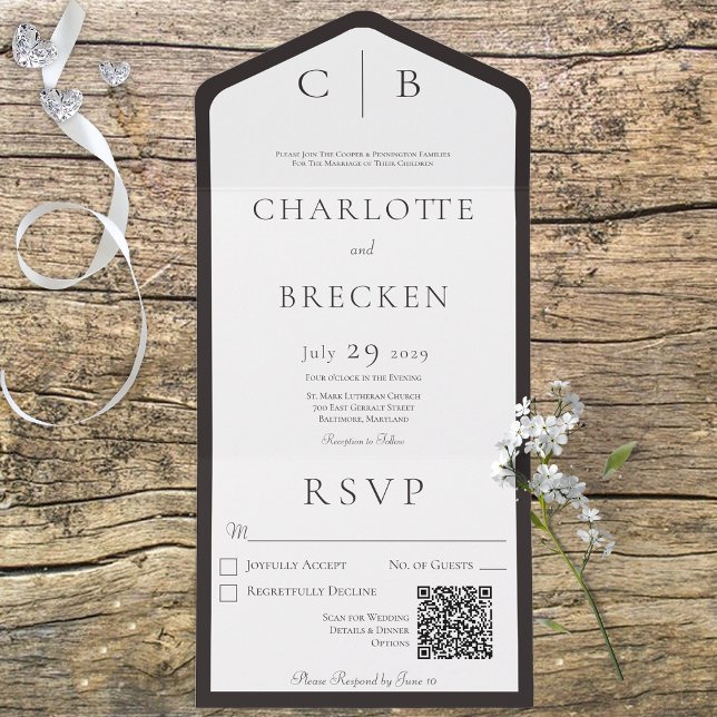 Invitation Tout En Un Noir et blanc de charbon de bois Code QR minimal (Créateur téléchargé)
