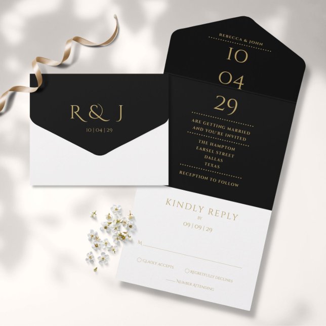 Invitation Tout En Un Noir et or Monogramme minimaliste Mariage Date (Créateur téléchargé)