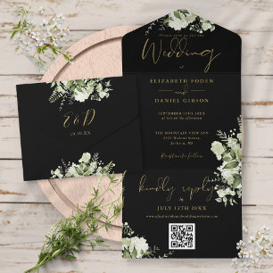 Invitation Tout En Un Noir et or vert QR Code Monogramme Mariage