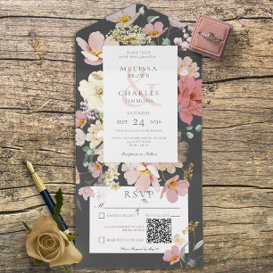 Invitation Tout En Un Noir et rose Fleurs Boho Blush Code QR