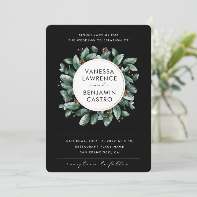 Invitation Tout en un noir Eucalyptus vert Mariage Rsvp (Debout devant)