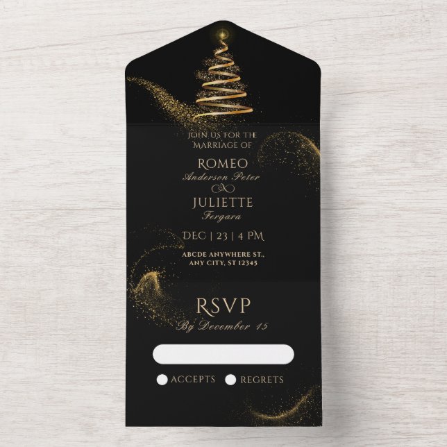 Invitation Tout En Un noir or élégant mariage de noël (À l'intérieur)