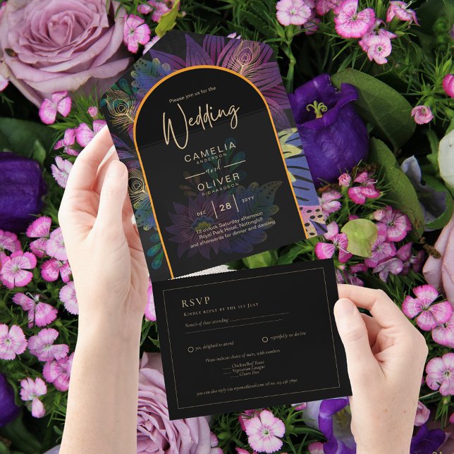 Invitation Tout En Un Noir Peacock Jewel Tones Floral Mariage (Créateur téléchargé)