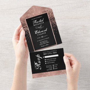 Invitation Tout En Un Noir Rose Parties scintillant or Confetti Mariage 