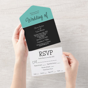 Invitation Tout En Un Noir, Turquoise, Blanc Minimaliste Mariage moderne