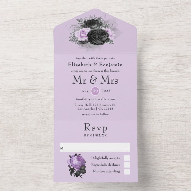 Invitation Tout En Un Noir violet et argent Floral Mariage gothique Tout (À l'intérieur)