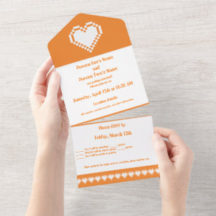 Invitation Tout En Un Nos cœurs 8 bits en orange