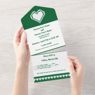 Invitation Tout En Un Nos cœurs 8 bits en vert