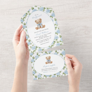 Invitation Tout En Un Noun ours en peluche, Nœud bleu, Fleurs bleues, Ba