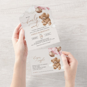 Invitation Tout En Un Nounours, bébé ours, ballons roses, Baby Shower