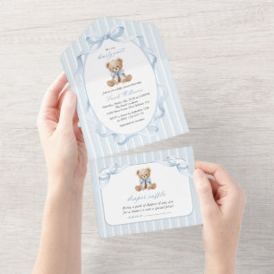 Invitation Tout En Un Nounours, Nœud Bleu, Rayures Bleues, Baby Shower