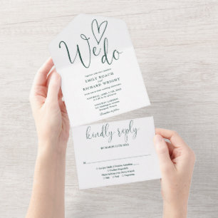 Invitation Tout En Un Nous aimons Coeur Script Emerald Green Mariage