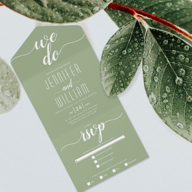 Invitation Tout En Un "Nous faisons" sauge vert script calligraphie mari (Créateur téléchargé)